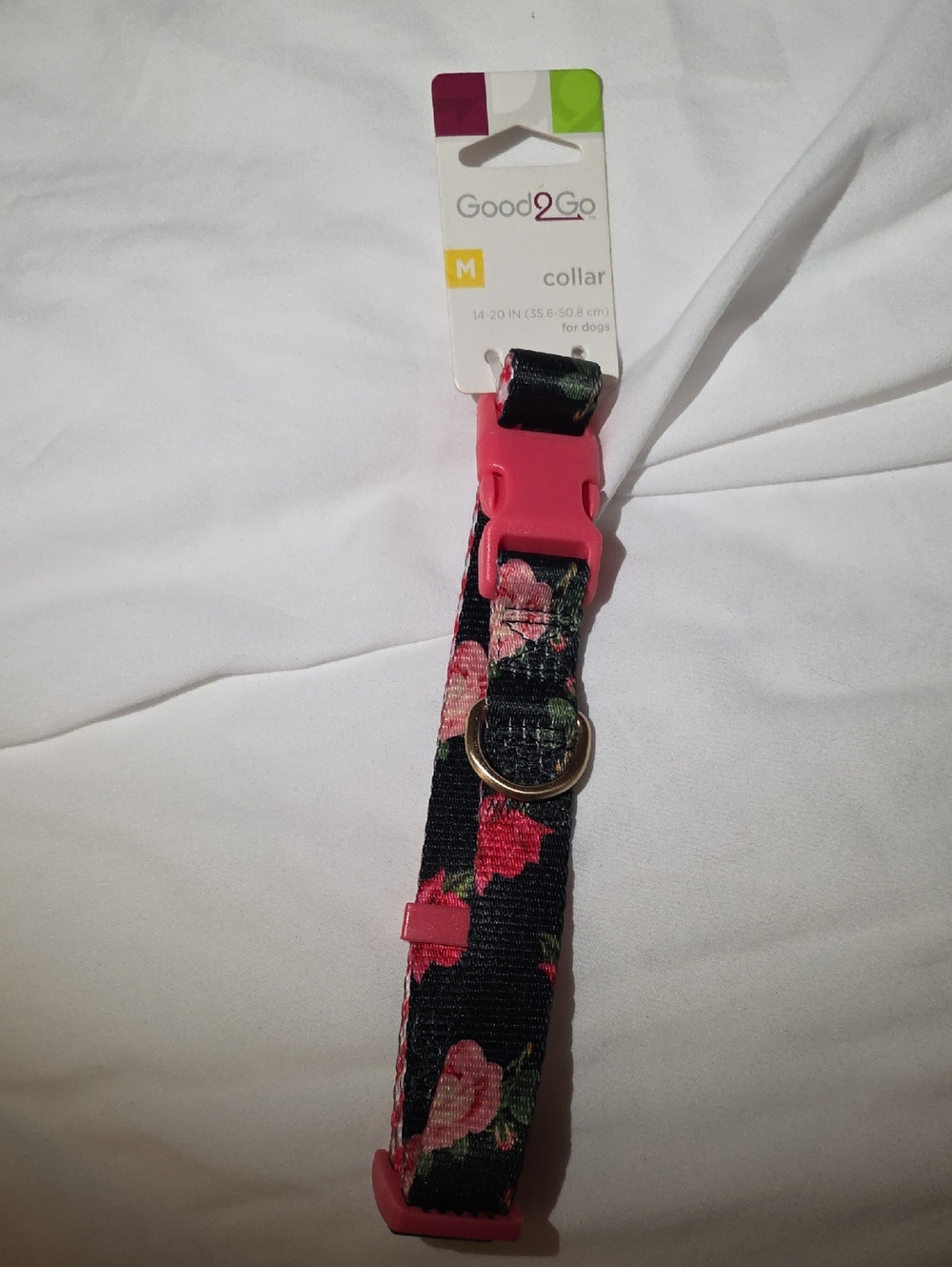 Good2Go Black W Pink Flower Adjustable Dog Collar w Metal D-Ring Size Medium